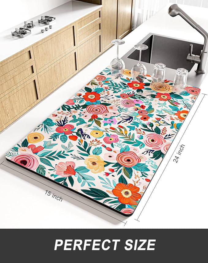 Rnivvi Dish Drying Mat for Kitchen Counter, XL 15 x 24" Cute Flower Super - Image 2