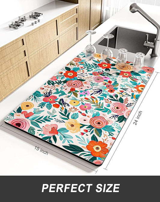 Rnivvi Dish Drying Mat for Kitchen Counter, XL 15 x 24" Cute Flower Super - Image 2