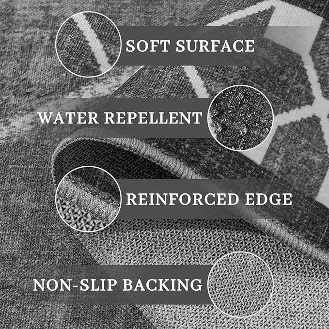 4x6 Area Rugs for Living Room Bedroom, Machine Washable Low Pile Rugs, Non Slip Modern Bordered Print Indoor Carpet for Entryway Office Dining Room Dorm Home Decor, Dark Grey