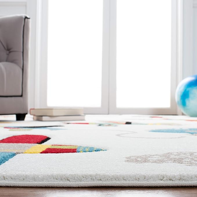 SAFAVIEH Carousel Kids Collection Area Rug - 5'3" Square, Ivory & Blue, Non-Shedding & Easy Care, Ideal for High Traffic Areas for Boys & Girls in Playroom, Nursery, Bedroom (CRK167A)