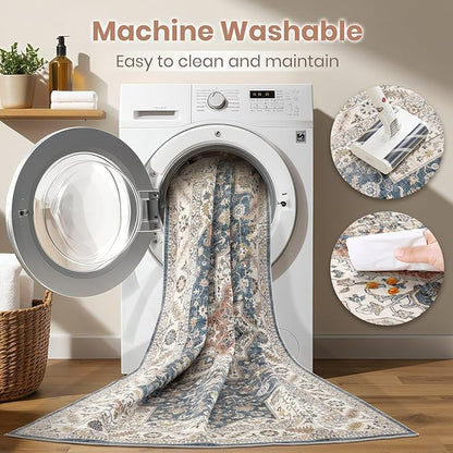Vintage Living Room Area Rug 5x7 - Large Soft Washable Oriental Traditional Distressed Farmhouse Rugs for Bedroom - Indoor Floor Accent Carpet for Home Office House Decor - Vintage Blue
