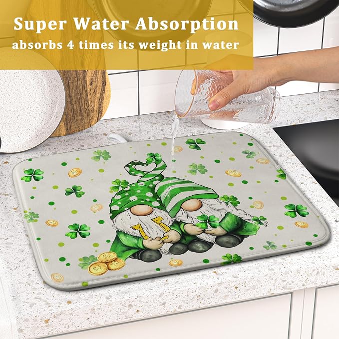 St Patrick's Day Gnome Dish Drying Mat 16x18 inch Lucky Shamrock Absorbent - Image 7