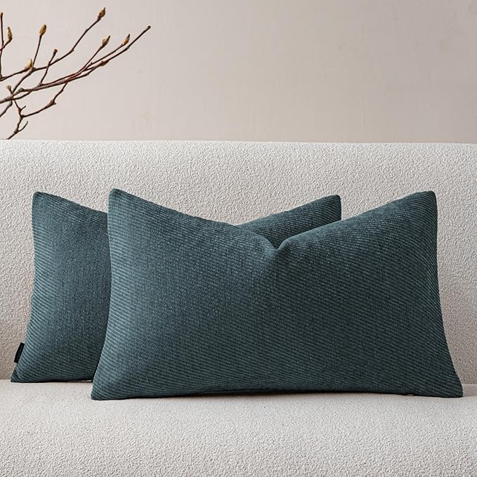 a moment Pack of 2 Decorative Chenille Throw Pillow Covers with Twill Cushion Covers for Sofa Living Room Couch Bed 20x12 Inch Dark Teal