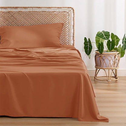 Bedsure Cooling Sheets Twin XL, Rayon Derived from Bamboo, Breathable & Soft Twin XL Sheet Sets, Deep Pocket Up to 16 Inches, Hotel Luxury Silky Dorm Bedding for Hot Sleepers, Burnt Orange