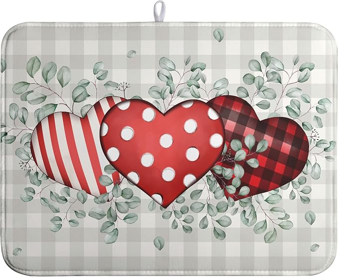 Valentines Day Dish Drying Mat Valentine Buffalo Plaid Eucalyptus Hearts Dishes by farg