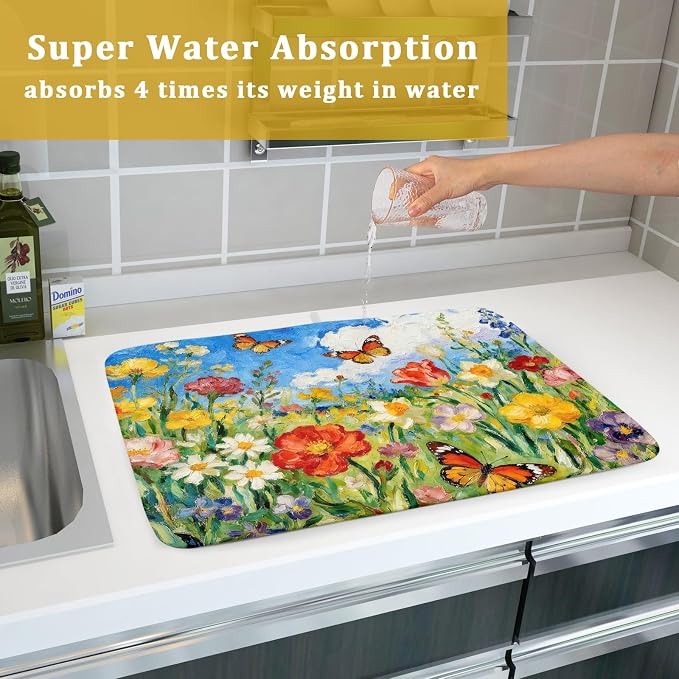 Floral Dish Drying Mat for Kitchen Counter 18x24 Spring Summer Theme Colorful - Image 7