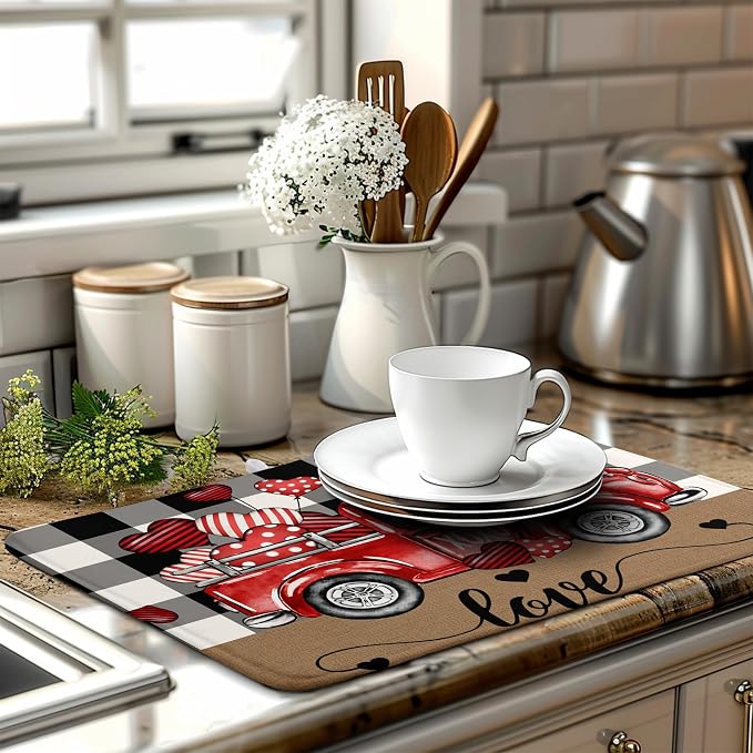 Valentines Dish Drying Mat Valentine Buffalo Plaid Hearts Kitchen Drying Pad - Image 6