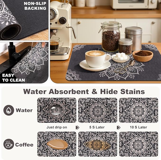 Yamaziot Boho Coffee Mat 12"x20", Floral Dish Drying Mat - Image 4