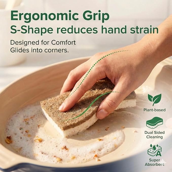 6 Pack Natural Kitchen Sponges, Compostable White Cellulose & Organic Coconut - Image 3