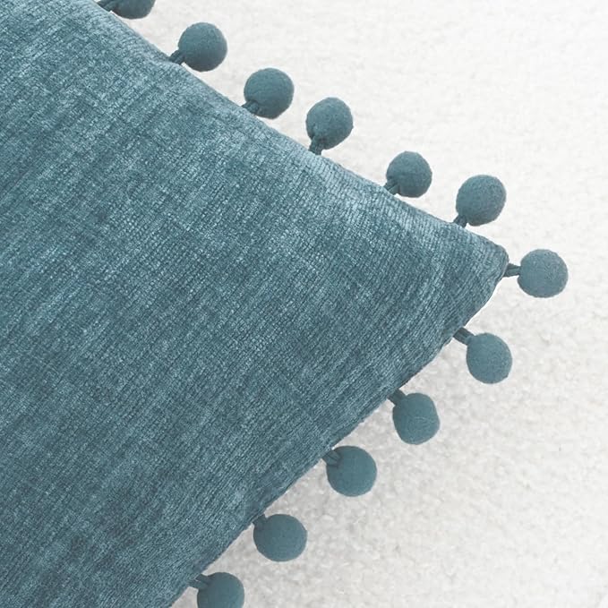 CaliTime Throw Pillow Covers Decorative 18 X 18 Inches Pack of 2 Cozy Solid Dyed Soft Chenille Cushion Cases with Pom Poms for Couch Sofa Bed Living Room Home Smoke Blue