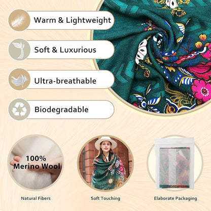 DANA XU 100% Merino Wool Pashmina Shawl for Women 96"x43", Oversized Cashmere Wrap with Tassels, Floral Travel Blanket Cape