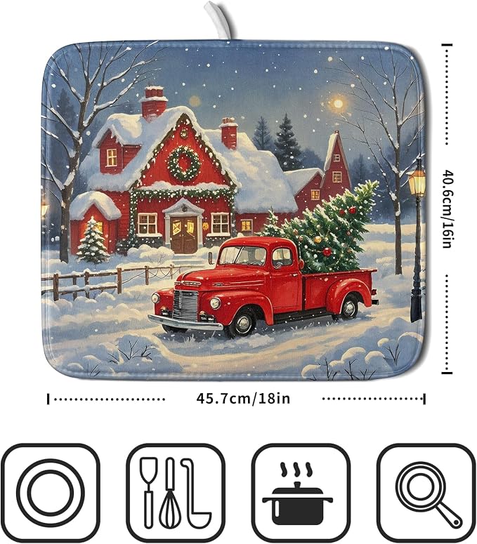 Christmas Dish Drying Mat for Kitchen Counter 16x18 Red Truck Winter Xmas Snow - Image 2