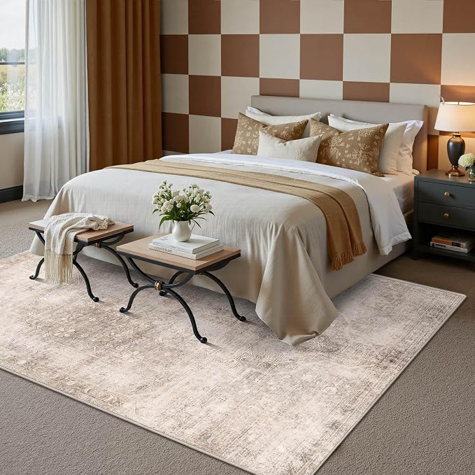 Vintage 5x7 Beige Brown Rug, Washable Neutral Area Rugs - Image 3