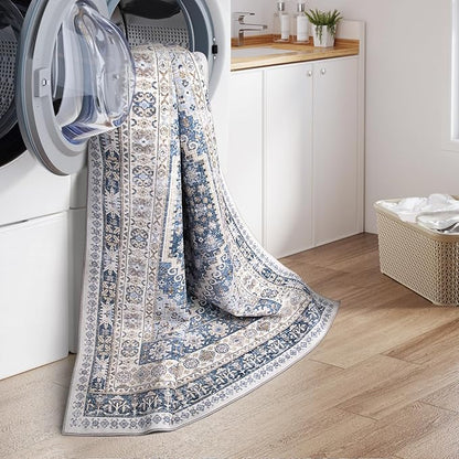 zesthome 2x3 Entryway Rug, Soft Washable Rugs, Non Slip Area Rug, Stain Resistant Low Pile Rugs for Bedroom, Vintage Rug for Door Mat, Kitchen (Blue/Beige,2'x3')