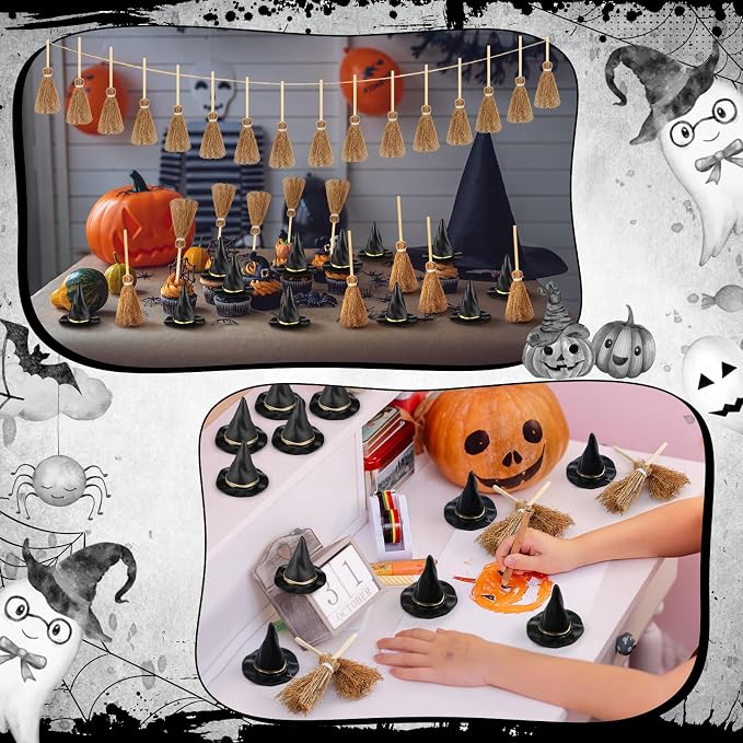 96 Pcs Mini Witch Hats and Broom - Image 4