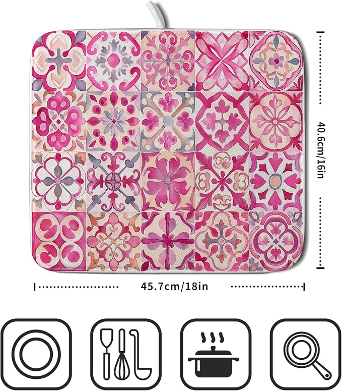 Pink Mexican Tiles Dish Drying Mat Absorbent Microfiber Dish Drying Pad - Image 2