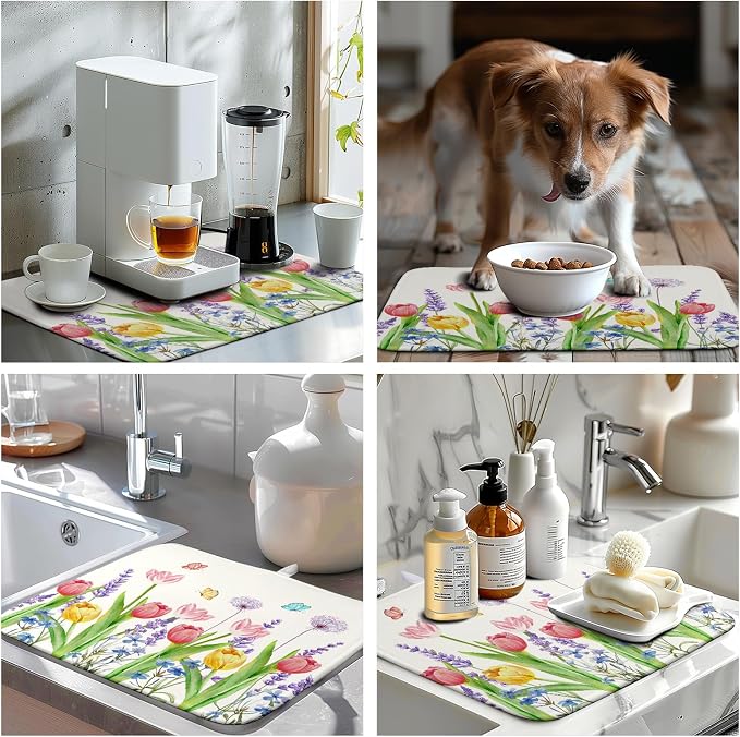 Spring Floral Dish Drying Mat Tulip Lavender Flower Dishes Pad Absorbent - Image 7