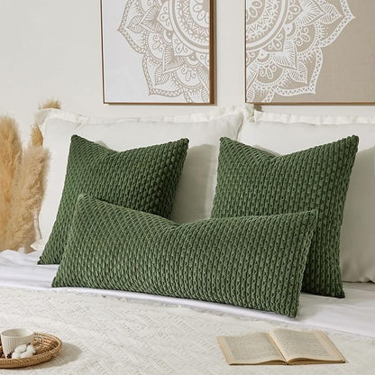Kevin Textile 14x36 Inch Long Lumbar 1 Pack Boho Decorative Throw Pillow Cover Soft Striped Corduroy Rectangle Cushion Case Farmhouse Solid Color Accent for Living Room Couch Sofa Bed, Moss Green