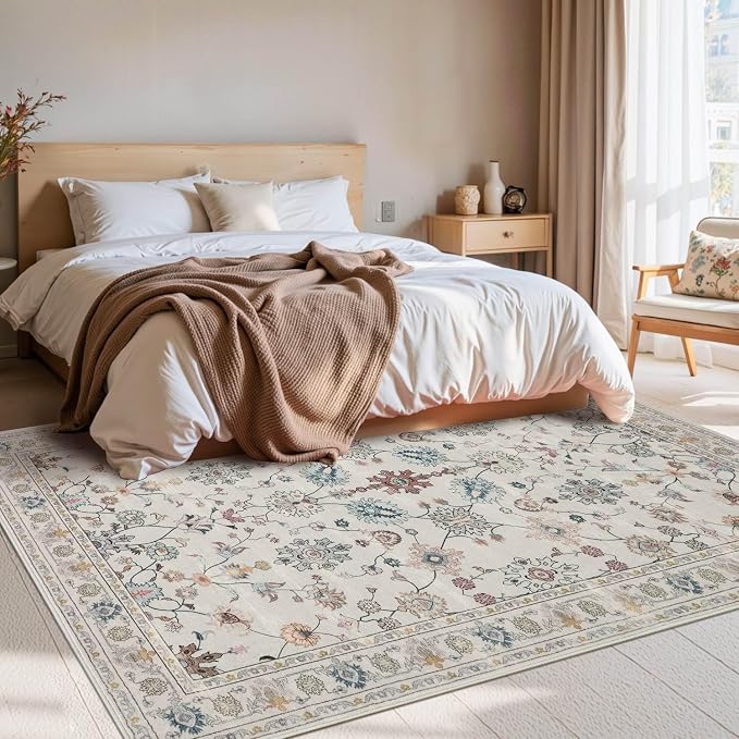 Floral Rug for Living Room Bedroom, 4x6 Washable Rug, Vintage Boho Area Rug - Image 3