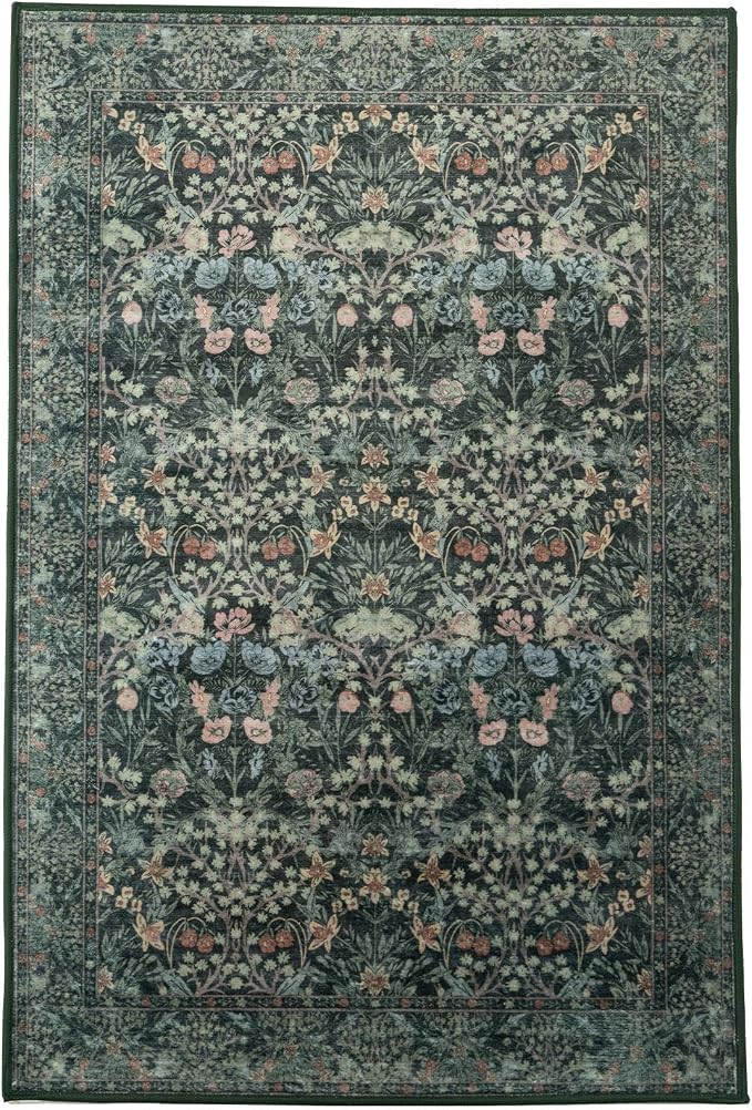 5x7 Washable Rug Vintage Floral Green Area Rug Non Slip Low Pile Large Rugs - Image 8