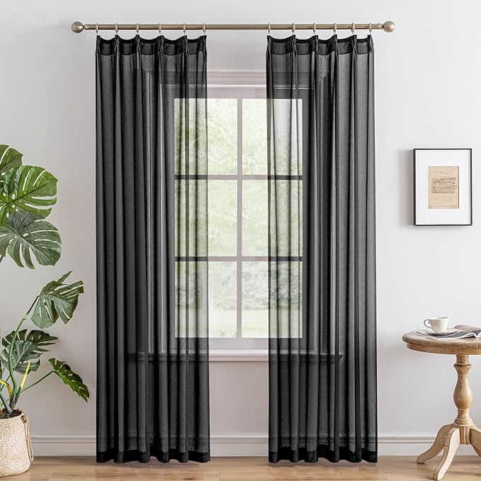 MAIHER 80 Inch Length Pinch Pleated Sheer Curtains Light Filtering Voile for Patio Door Living Room Soft Touch Lightweight Pleated Drapes with Adjustable Hooks, Black, 42" W x 80" L, 2 Panels
