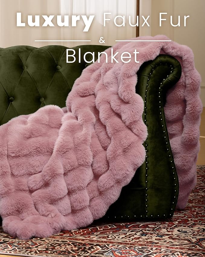 Ultra Soft Cozy Faux Fur Throw Blanket, Fuzzy Plush Thick Bubble Blanket, Oversize Luxury Fluffy Blanket for Couch, Bed, and Living Room, 60x80 Inches, Pink