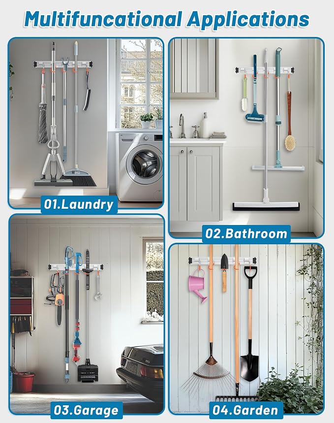 Mop and Broom Holder Wall Mount Garden Tool Rack Organizer, Modern Style - Image 6