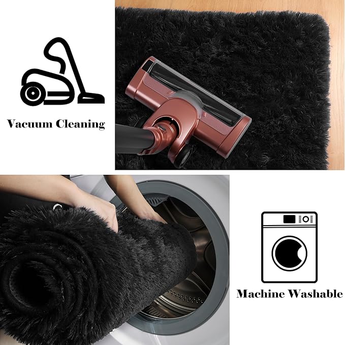 ONASAR Black Area Rugs for Bedroom Living Room, Fluffy Fuzzy Shaggy 4x6 Bedside Rug, Washable Soft Plush Modern Indoor Floor Carpet for Nursery Kids Girls Boys Teen Dorm Home Office Decor Aesthetic