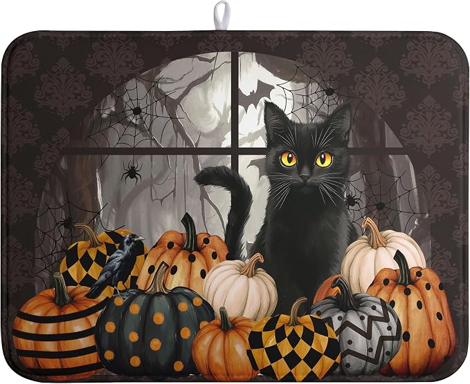 Halloween Black Cat Dish Drying Mat Fall Halloween Pumpkins Large Kitchen Mats by farg