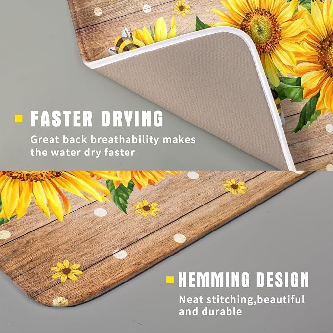 Sunflower Bee Dish Drying Mat for Kitchen Counter Home 16x18 Inch Wood Barn - Image 3