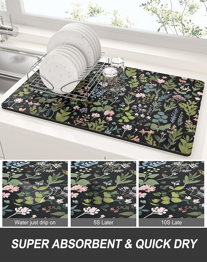 Rnivvi Dish Drying Mat for Kitchen Counter, XL 15 x 24" Cute Flower Theme Super - Image 3