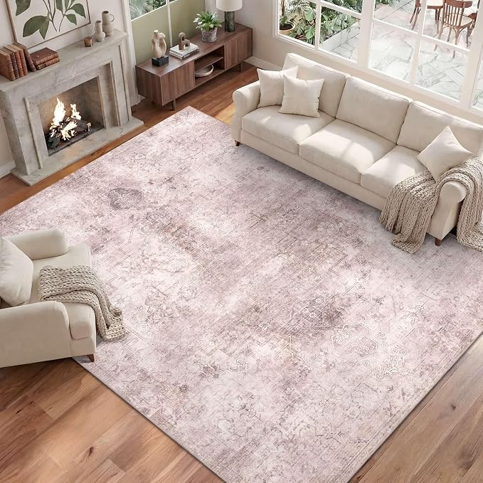 Vintage 8x10 Living Room Pink Rugs, Washable Large Area Rugs - Image 2
