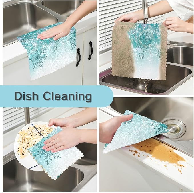 ALAZA Dish Towels Kitchen Cleaning Cloths Silver Winter Teal Turquoise - Image 2