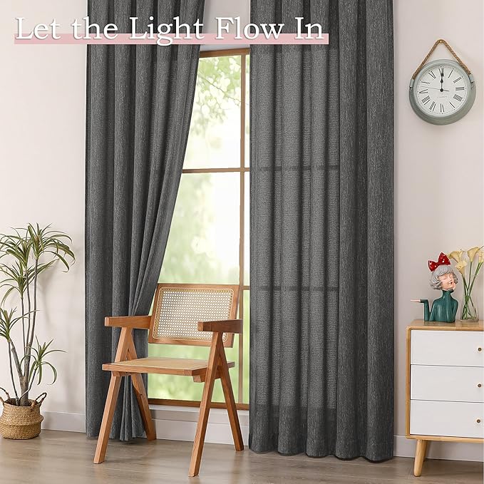 Simplebrand Grey Faux Linen Textured Semi Sheer Curtains 96 Inches Long 2 Panels Set, Light Filtering Soft Thick Farmhouse Curtains Window Treatment for Bedroom/Living Room/Dining Room, 50 x 96 Inch