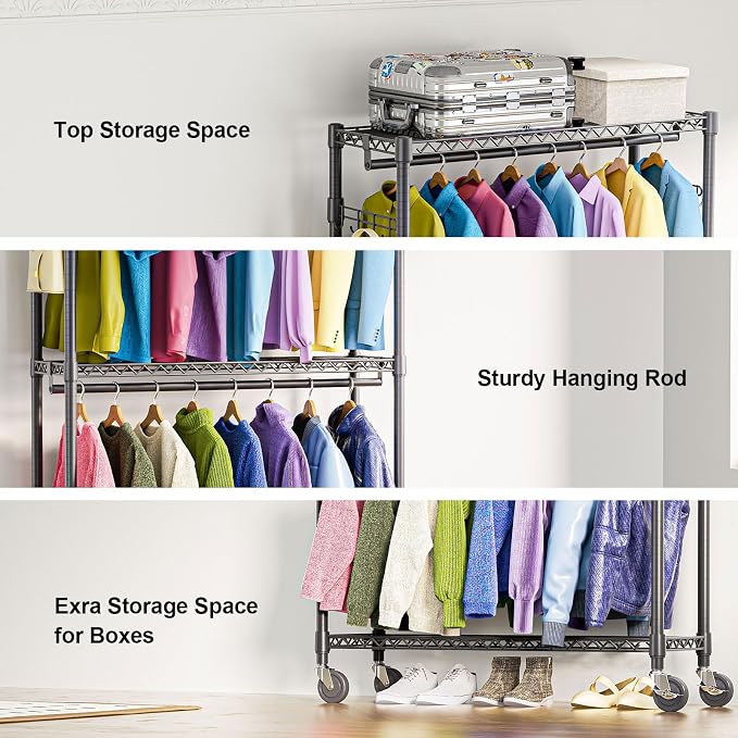 Heavy Duty Rolling Garment Rack 3 Tiers Adjustable Wire Shelving Clothes Rack - Image 4