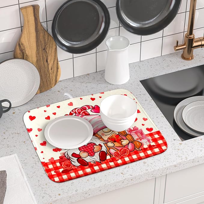 Love Gnome Dish Drying Mat 16"x18" Red Heart Microfiber Dish Drainer Rack Mat - Image 6