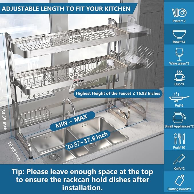 Over Sink Dish Drying Rack, 3 Tier Adjustable Length Full Stainless Steel Large - Image 2