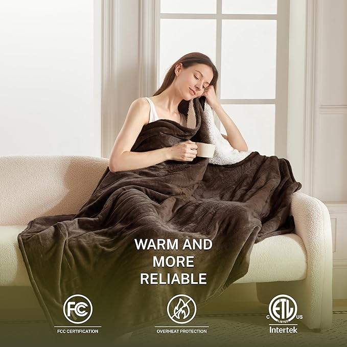Heat Blanket 62”x84” Twin Size,Soft Flannel & Sherpa Reversible Electric Blanket with 10 Heat Settings,12 Timer Setting and 8 Hours Auto-Shut Off,ETL Certified Machine Washable,Dark Brown