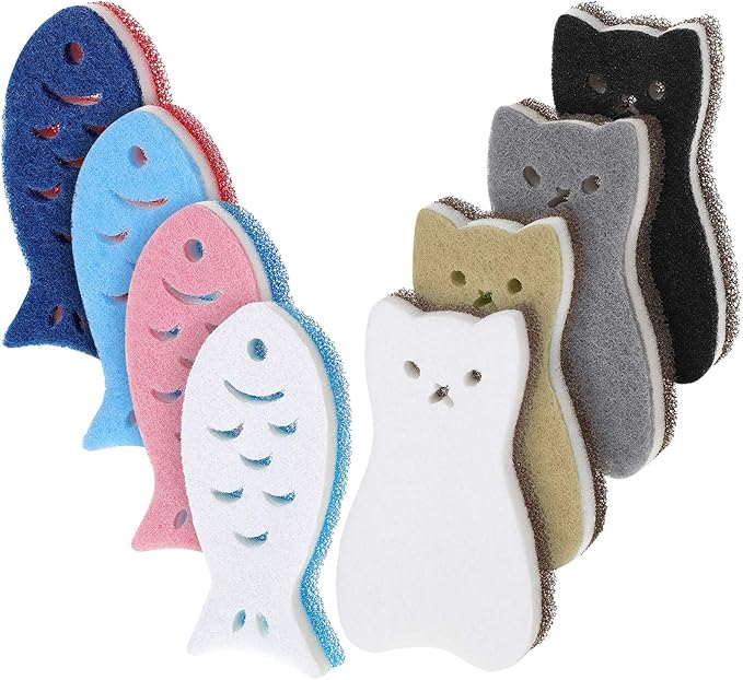 8 Pieces Kitchen Scrub Sponges Cat Fish Cleaning Sponge Dishwashing Scrubber by Patelai