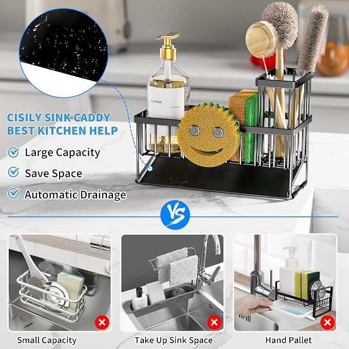 Cisily Sink Caddy With Smiley Face Sponge Holder, 304 Stainless Steel Rustproof - Image 3
