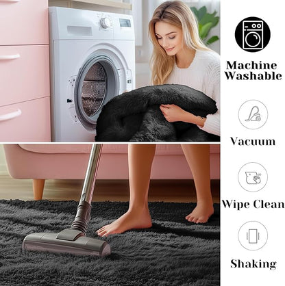 ONASAR Black Runner Rugs for Bedroom Living Room, Washable Bedside Fluffy Area Rug 2x6 Feet, Ultra Soft Plush Shaggy Furry Floor Throw Carpet for Hallway Baby Kids Dorm Closet Home Decor