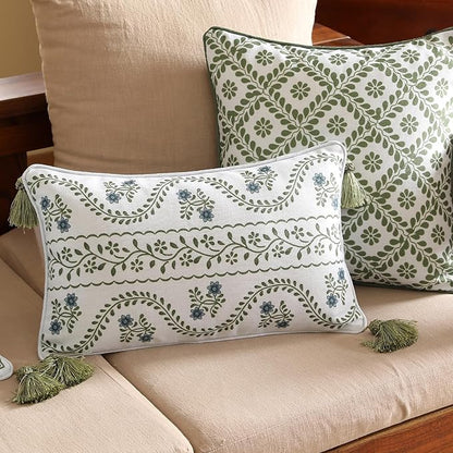 ISAENNE Design Fresh Linen Rectangular Throw Pillow Covers 12"x20" Pack of 2, French White Cottage Cushion Covers with Green Branches Pattern Decoration Pillowcases for Bed,Living Room,Outdoor,Car