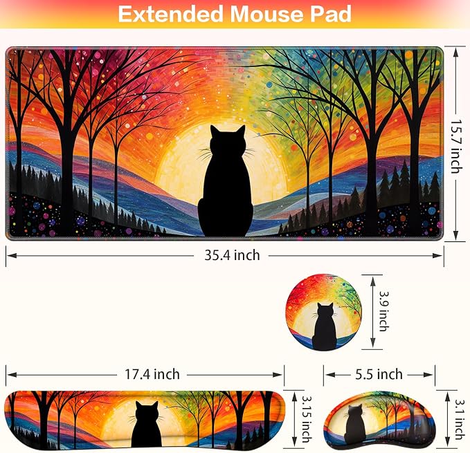 Mouse Pad with Wrist Rest Black Cat, 4-in-1 Large Mousepad+Keyboard Wrist - Image 6