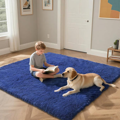 Blue Fluffy Rug Shaggy Area Rug, 9x12 Area Rugs for Girls Bedroom, Big Soft Shaggy Bedside Non-Slip Plush Dorm Nursery Kids Carpet Home Decor Aesthetic