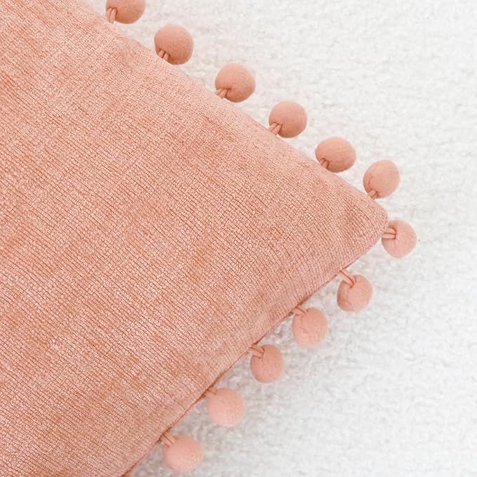 CaliTime Throw Pillow Covers Decorative 20 X 12 Inches Pack of 2 Cozy Solid Dyed Soft Chenille Cushion Cases with Pom Poms for Couch Sofa Bed Living Room Home Dusty Pink