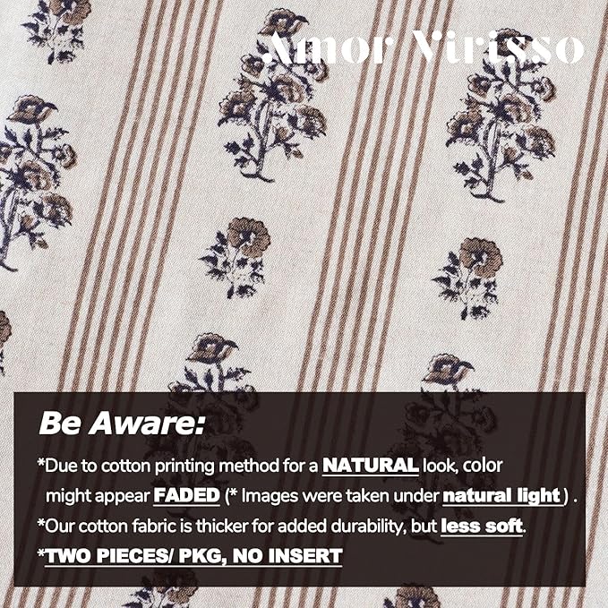 Amor Virisso Floral Throw Pillow Covers 18x18 Set of 2 Block Print Pillow Covers Neutral Floral Striped Farmhouse Decorative Pillow Covers for Sofa Couch Bed, Brown