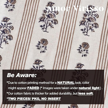 Amor Virisso Floral Throw Pillow Covers 18x18 Set of 2 Block Print Pillow Covers Neutral Floral Striped Farmhouse Decorative Pillow Covers for Sofa Couch Bed, Brown