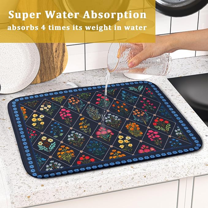 Lapis Blue Dish Drying Mat for Kitchen Counter Flowers Microfiber Absorbent - Image 7