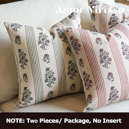 Amor Virisso Floral Throw Pillow Covers 18x18 Set of 2 Block Print Pillow Covers Neutral Floral Striped Farmhouse Decorative Pillow Covers for Sofa Couch Bed, Dusty Green