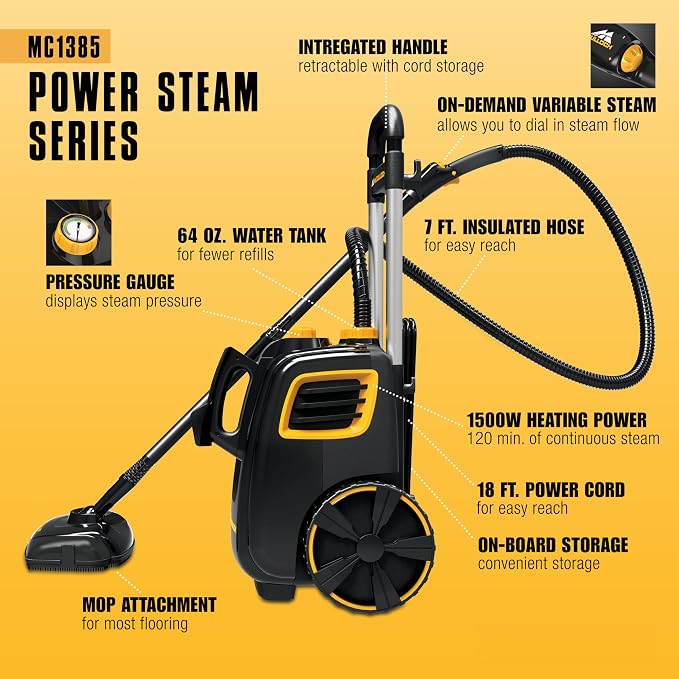 McCulloch MC1385 Deluxe Canister Steam Cleaner, 2-Hour Runtime, Chemical-Free - Image 4